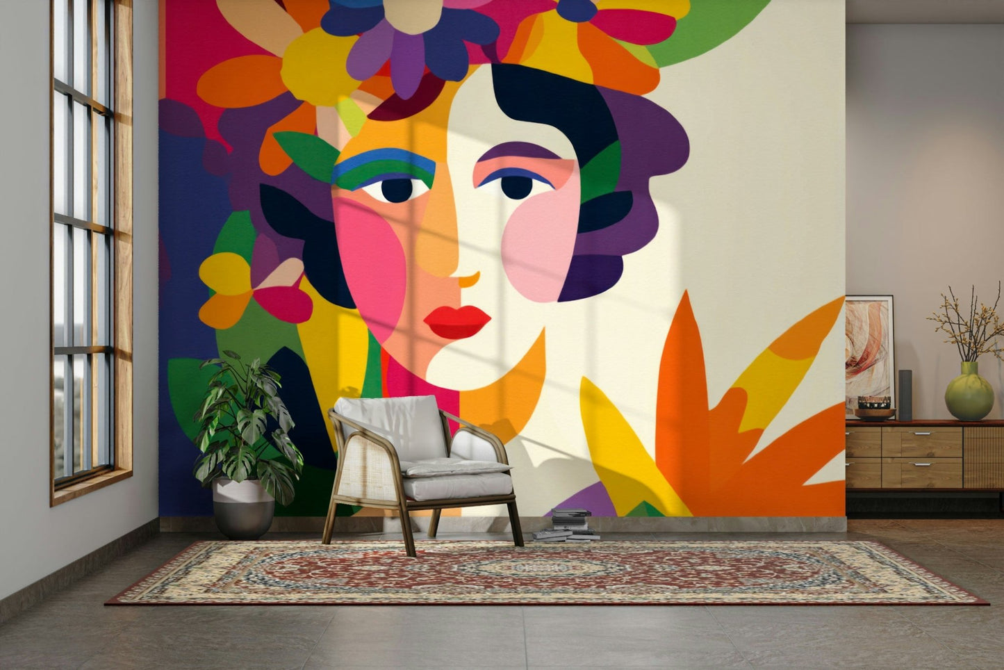 Gallery-style wall mural with abstract woman and flowers

