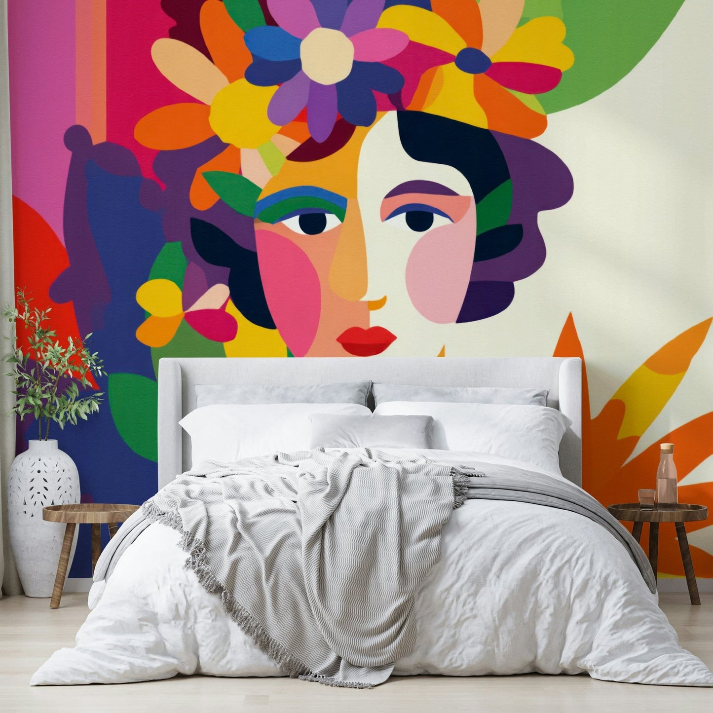 Modern woman wall mural with floral and geometric overlays

