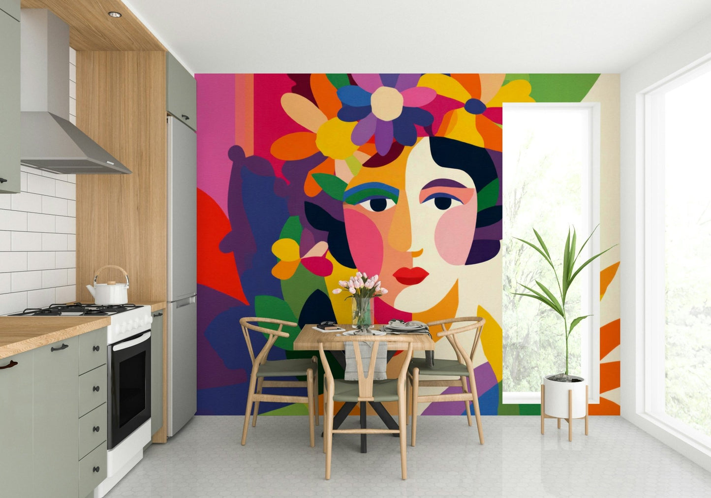 Creative space styled with Floral Facets woman mural

