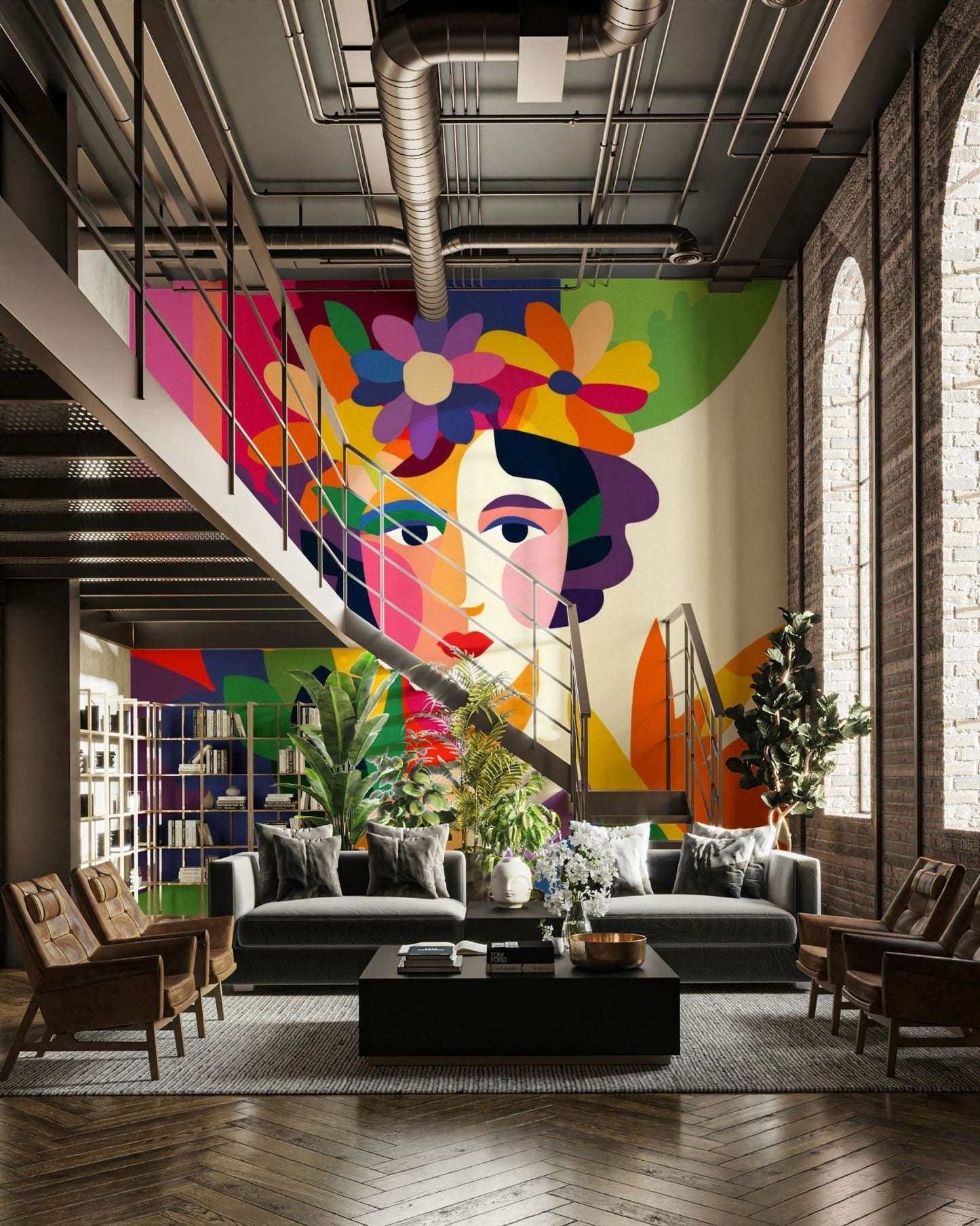 Contemporary mural blending florals and woman’s silhouette

