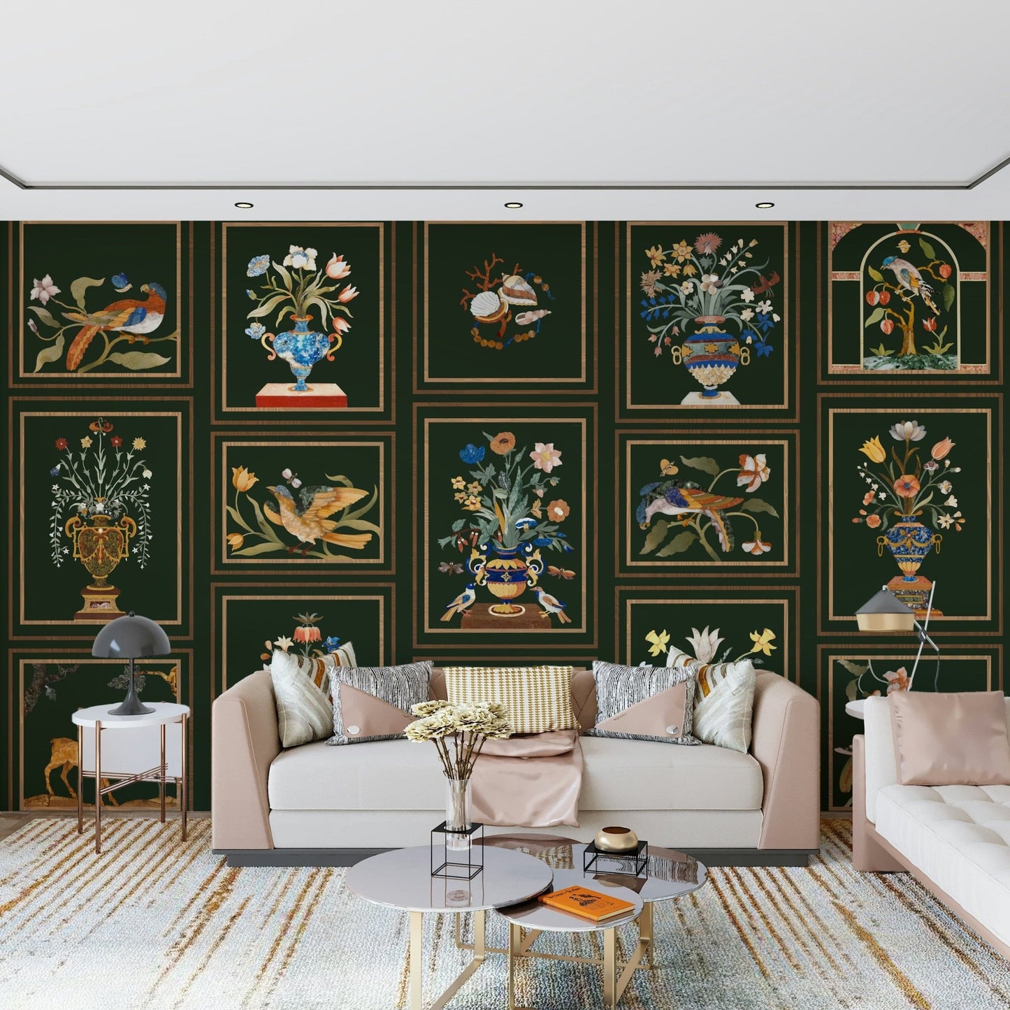 Contemporary office space with Floral & Fauna Panels wallpaper in a professional setting.