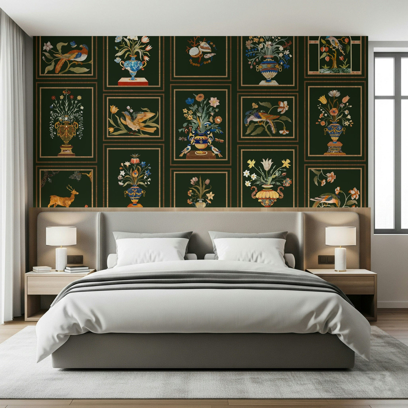 Floral & Fauna Panels wall mural in a modern living room with neutral furniture.