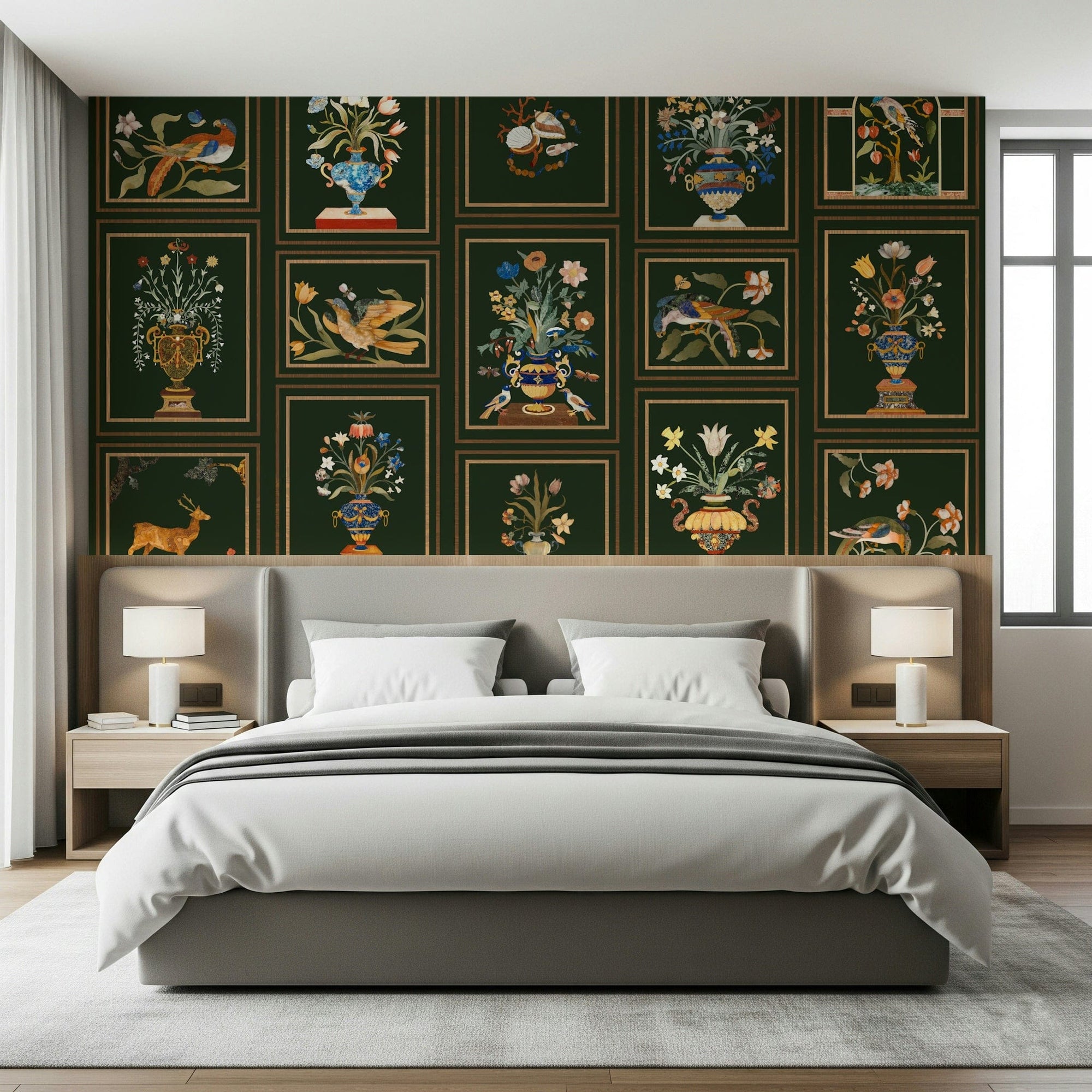 Floral & Fauna Panels wall mural in a modern living room with neutral furniture., GD7613