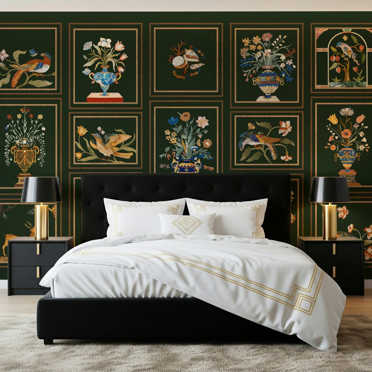 Vintage style Floral & Fauna Panels wallpaper for a master bedroom accent wall.