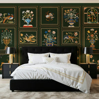 Vintage style Floral & Fauna Panels wallpaper for a master bedroom accent wall.