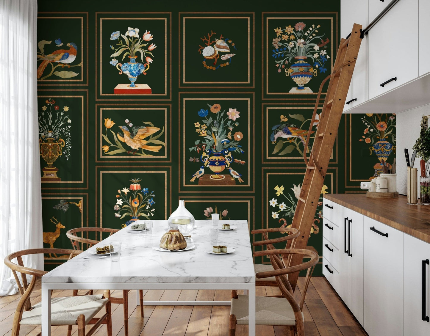 Elegant guest room featuring a Floral & Fauna Panels wall mural on the main wall.