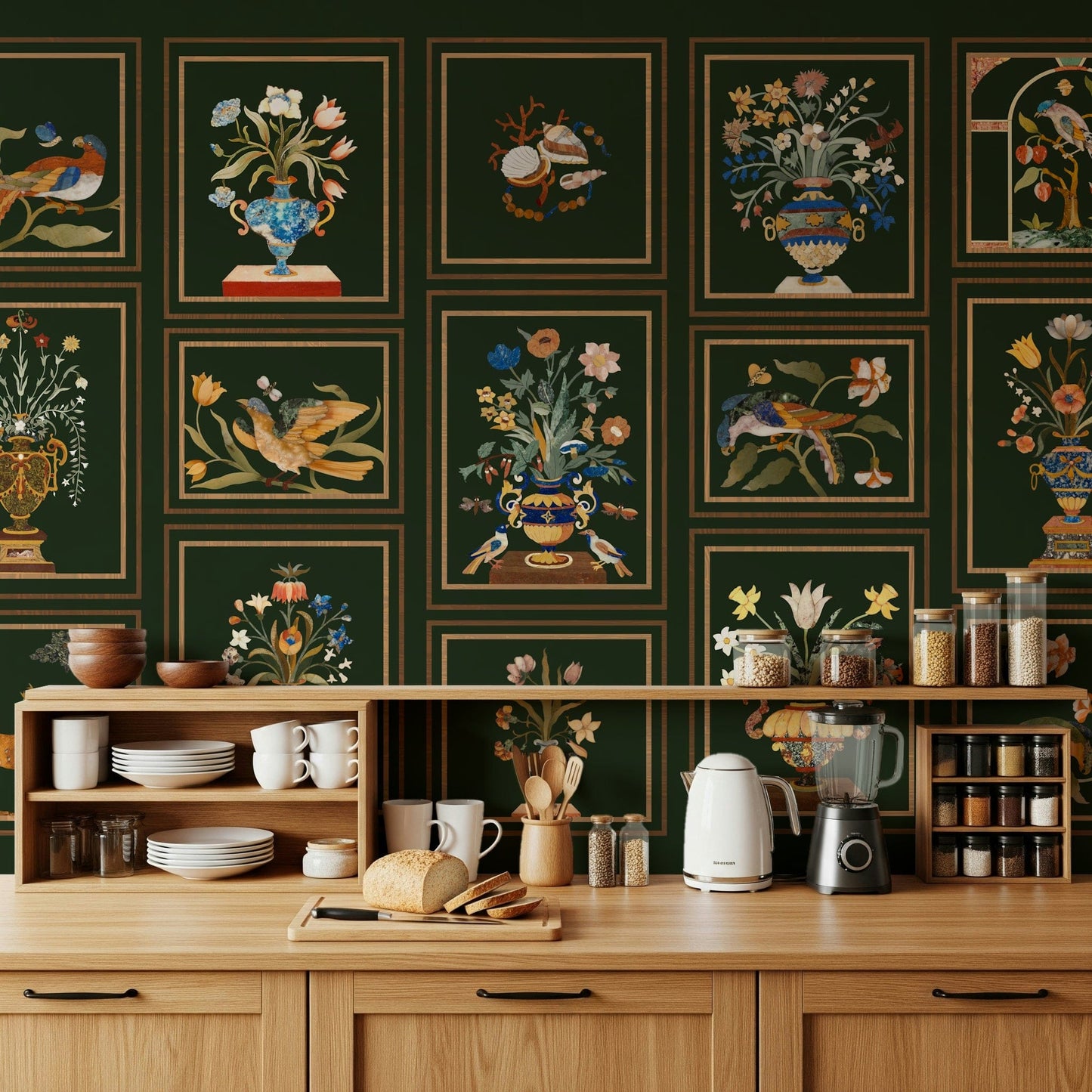 Minimalist study featuring Floral & Fauna Panels wall mural in soft pastel tones.