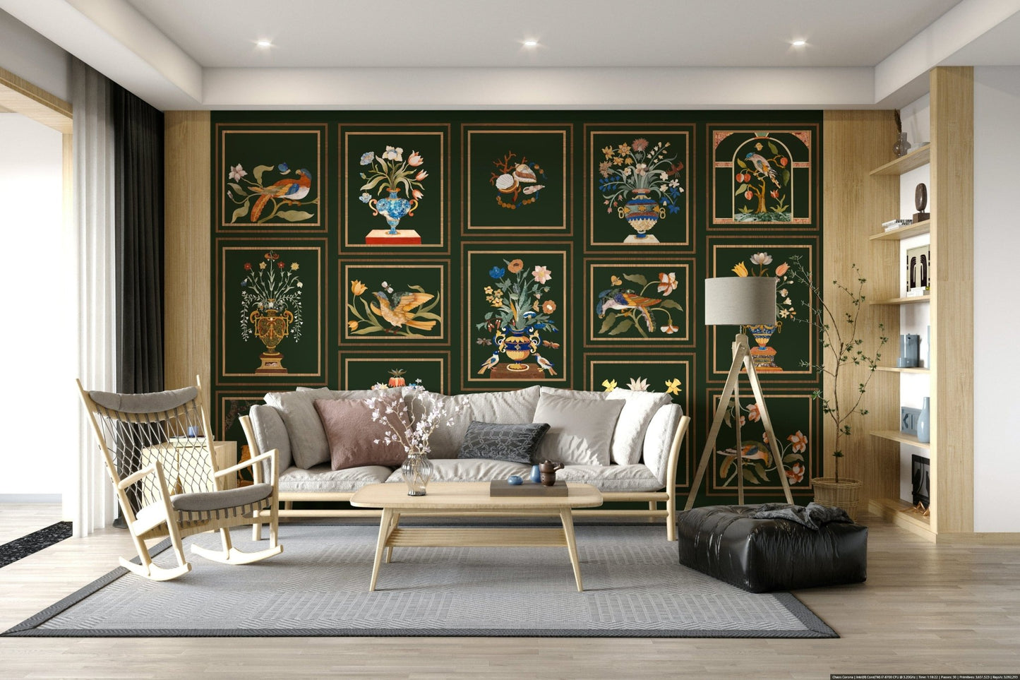 Floral & Fauna Panels wall mural used as a backdrop for a velvet sofa arrangement.