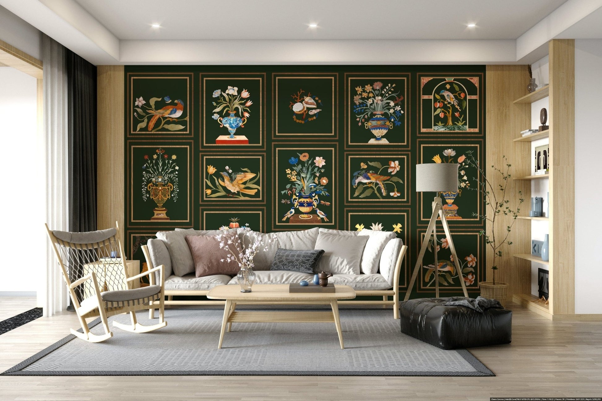Floral & Fauna Panels wall mural used as a backdrop for a velvet sofa arrangement.
