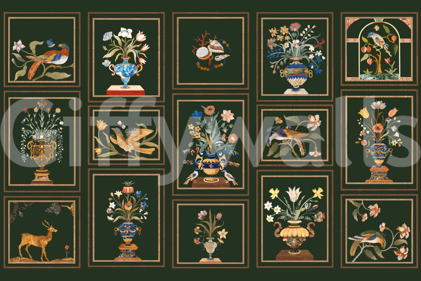 Large scale Floral & Fauna Panels wall mural in a high ceiling entryway.