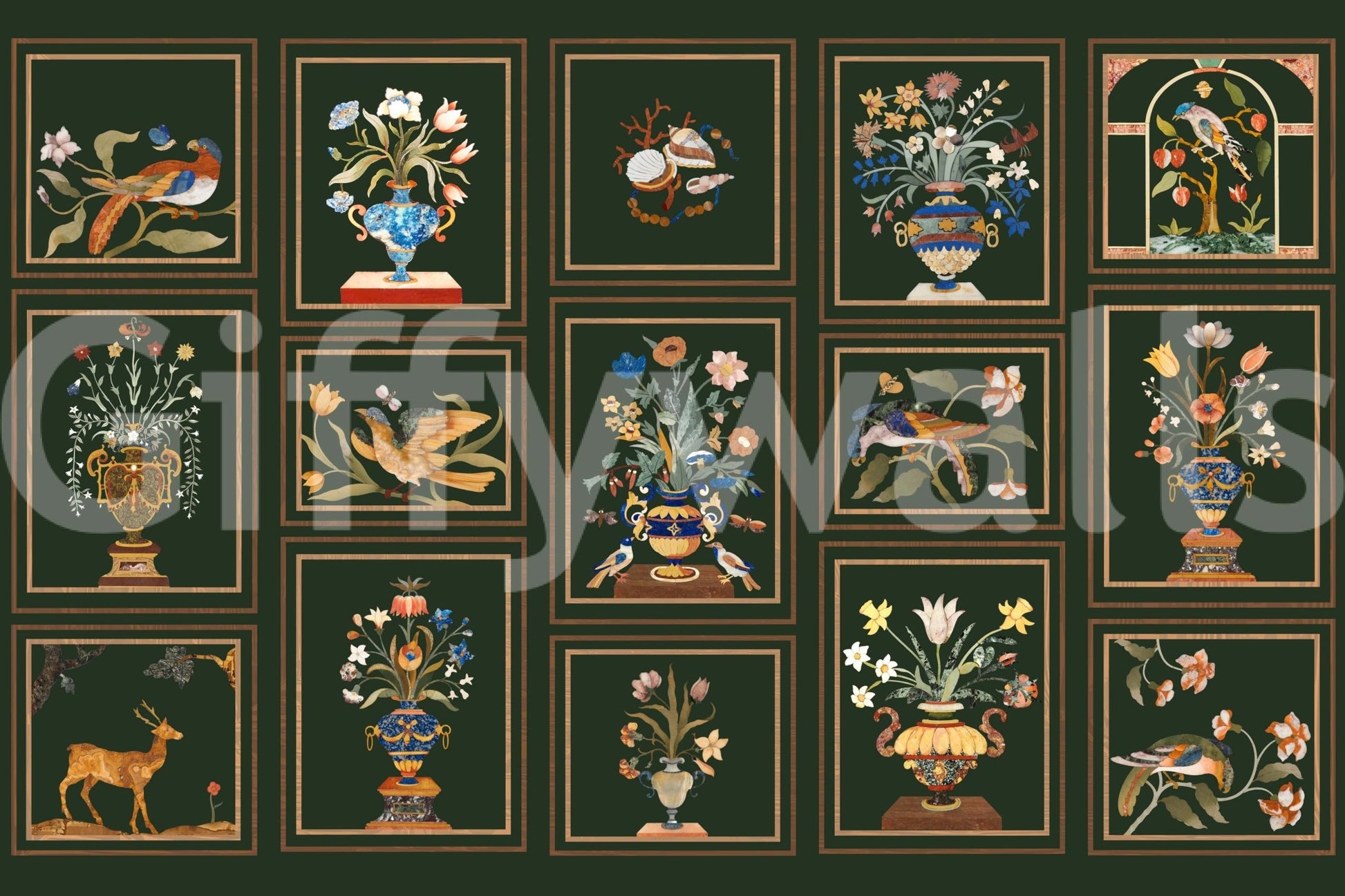 Large scale Floral & Fauna Panels wall mural in a high ceiling entryway.