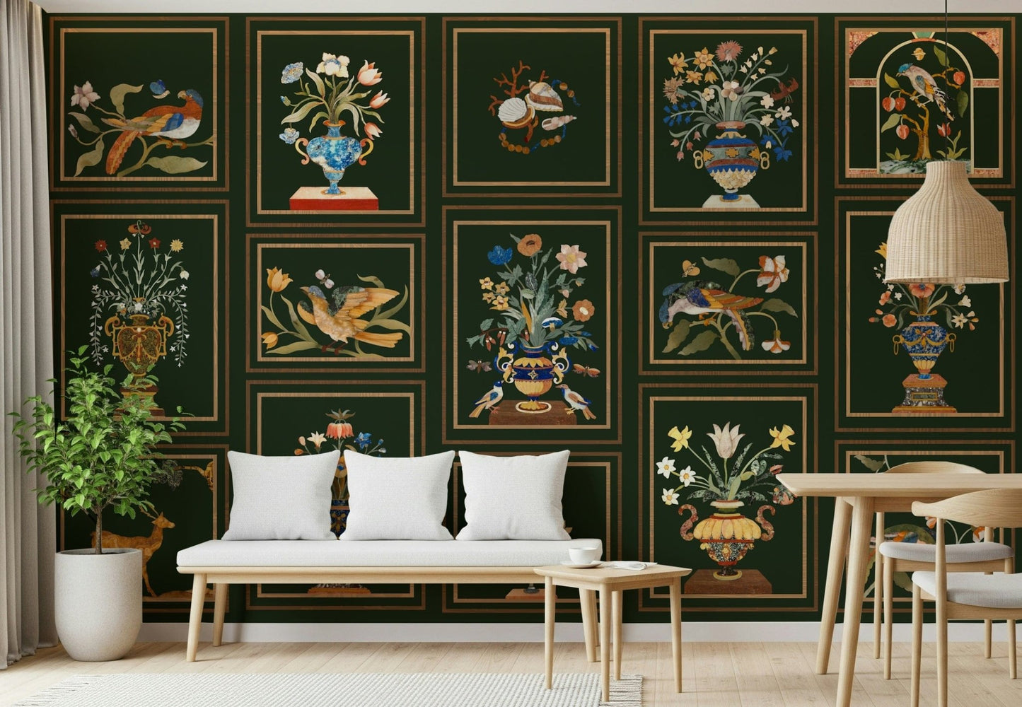 Traditional dining area decorated with Floral & Fauna Panels wallpaper panels.
