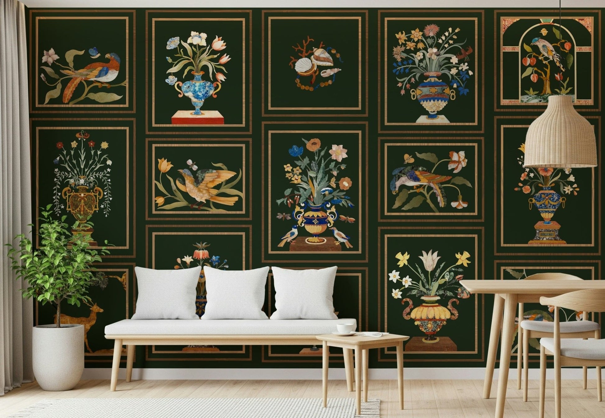 Traditional dining area decorated with Floral & Fauna Panels wallpaper panels.