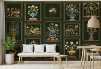 Traditional dining area decorated with Floral & Fauna Panels wallpaper panels.