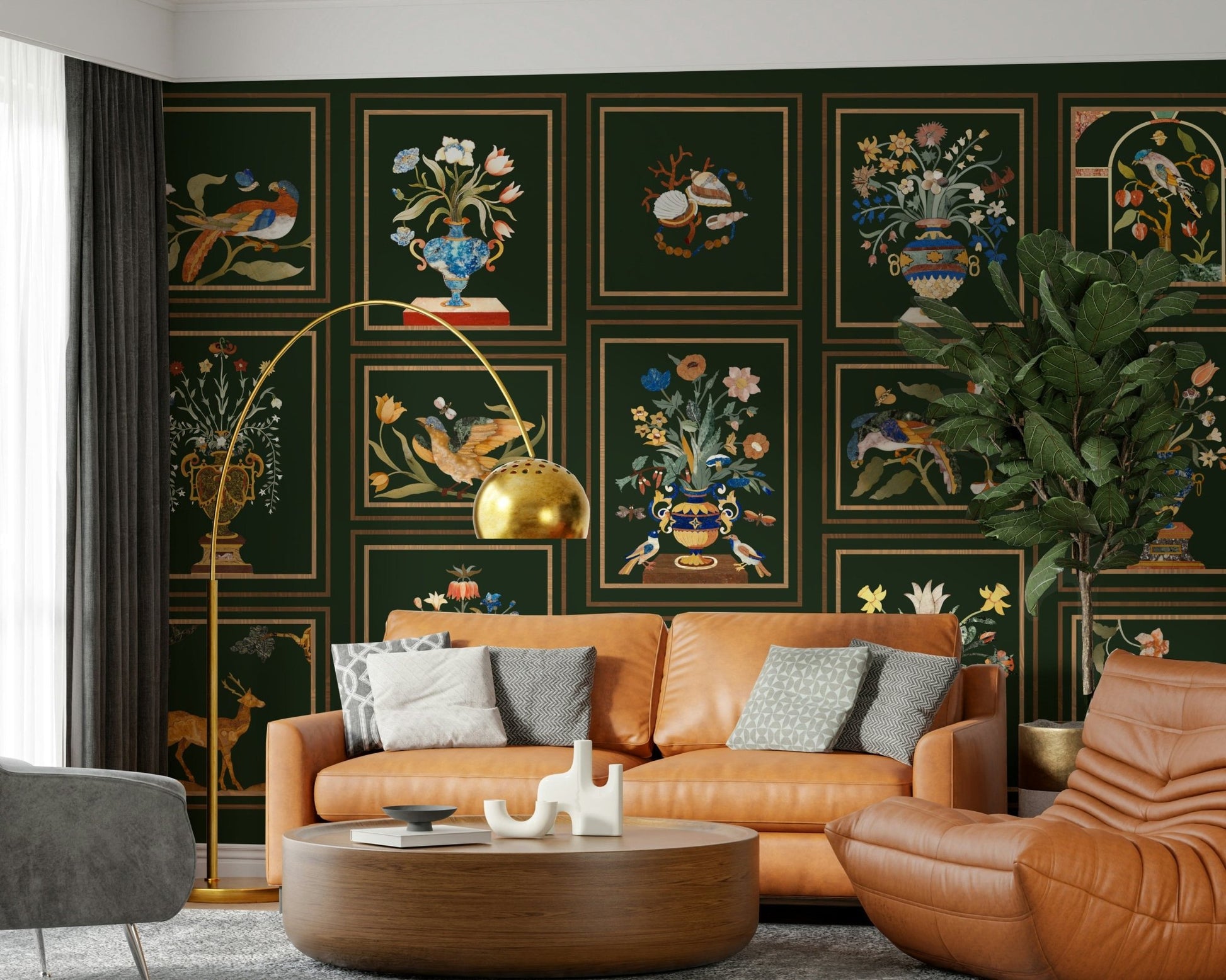 Chic boutique lounge area with Floral & Fauna Panels wallpaper in earthy colours.