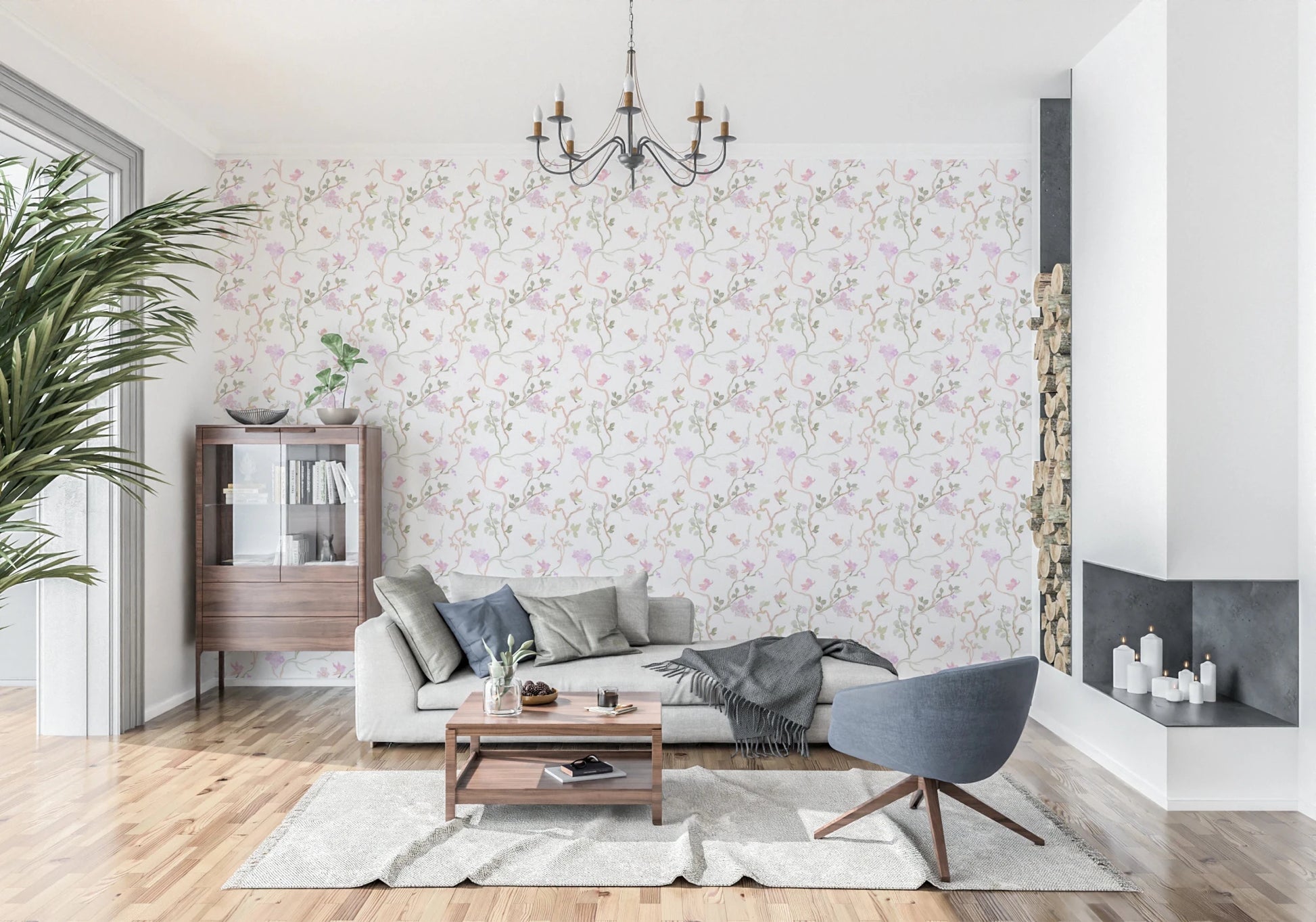 Office room with Floral Flight Chinoiserie wallpaper in soft pastel tones