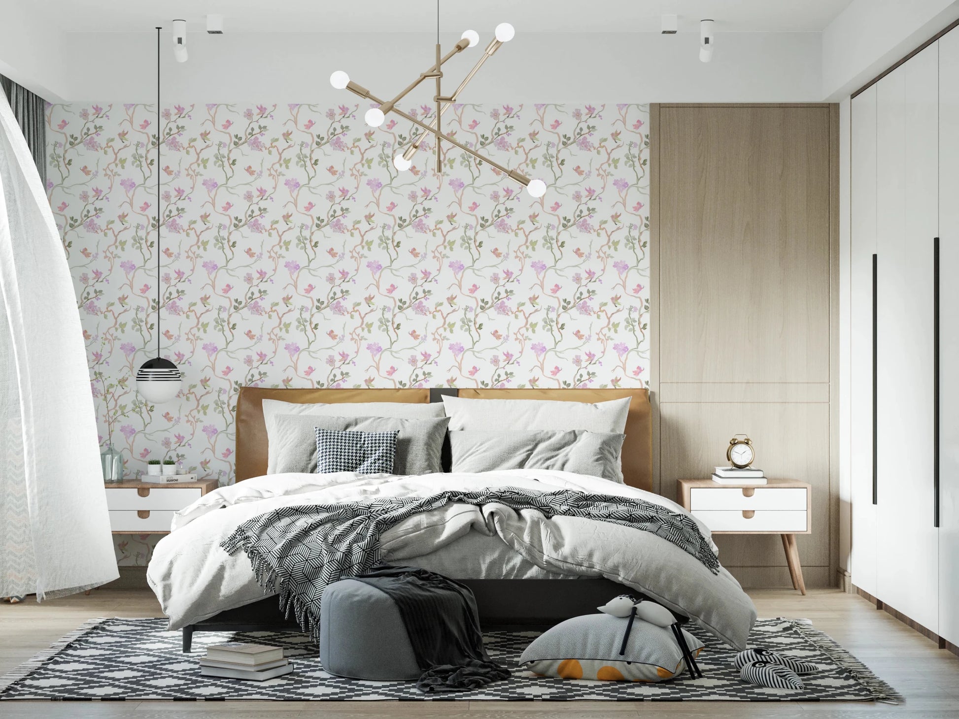 Soft pink blossoms and birds define this Chinoiserie wallpaper design