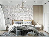 Soft pink blossoms and birds define this Chinoiserie wallpaper design