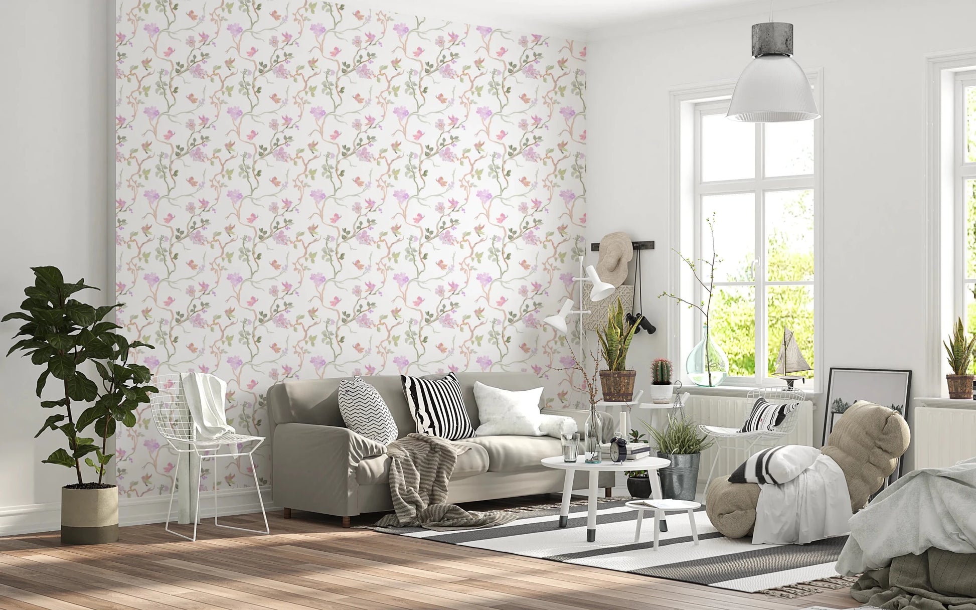 Light botanical wallpaper with Floral Flight birds and butterfly accents