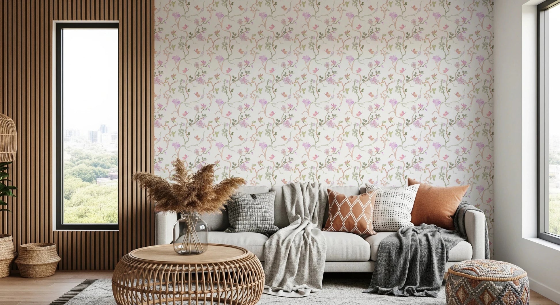 Hallway featuring Dreamy Birds Butterflies wallpaper and floral vines