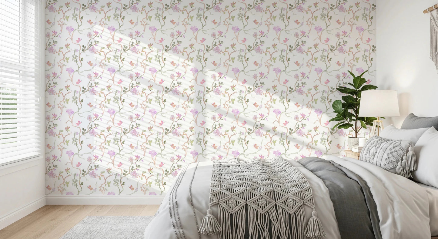 Elegant Chinoiserie wallpaper with winding vines, birds, and soft flowers