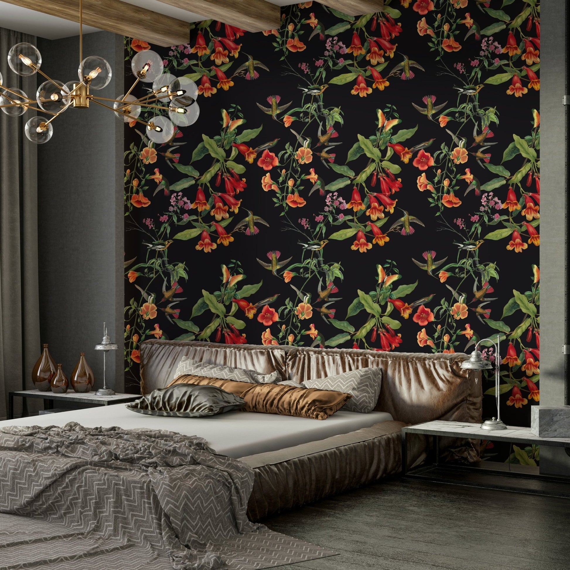 A calming dark floral design wallpaper mural that defines a space., GD5123