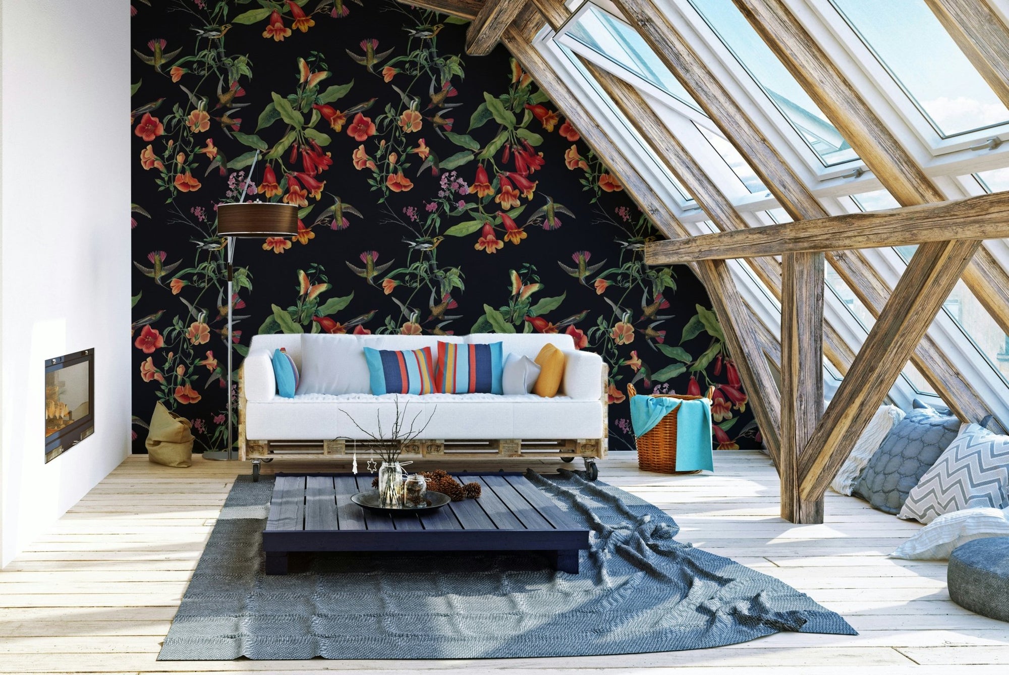 A beautiful dark floral wallpaper mural with subtle birds., GD5123