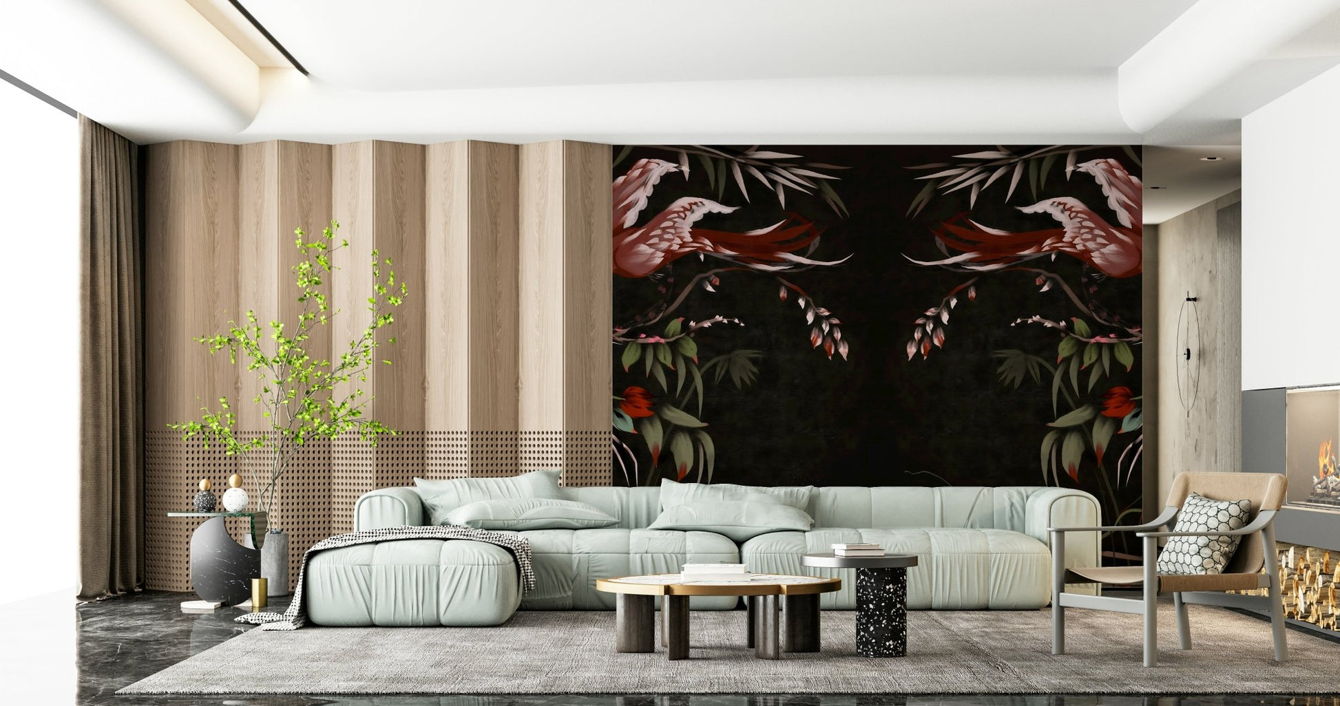 Wall design showcasing the beauty of the Floral Flight Joseon Inspired Wall Mural.