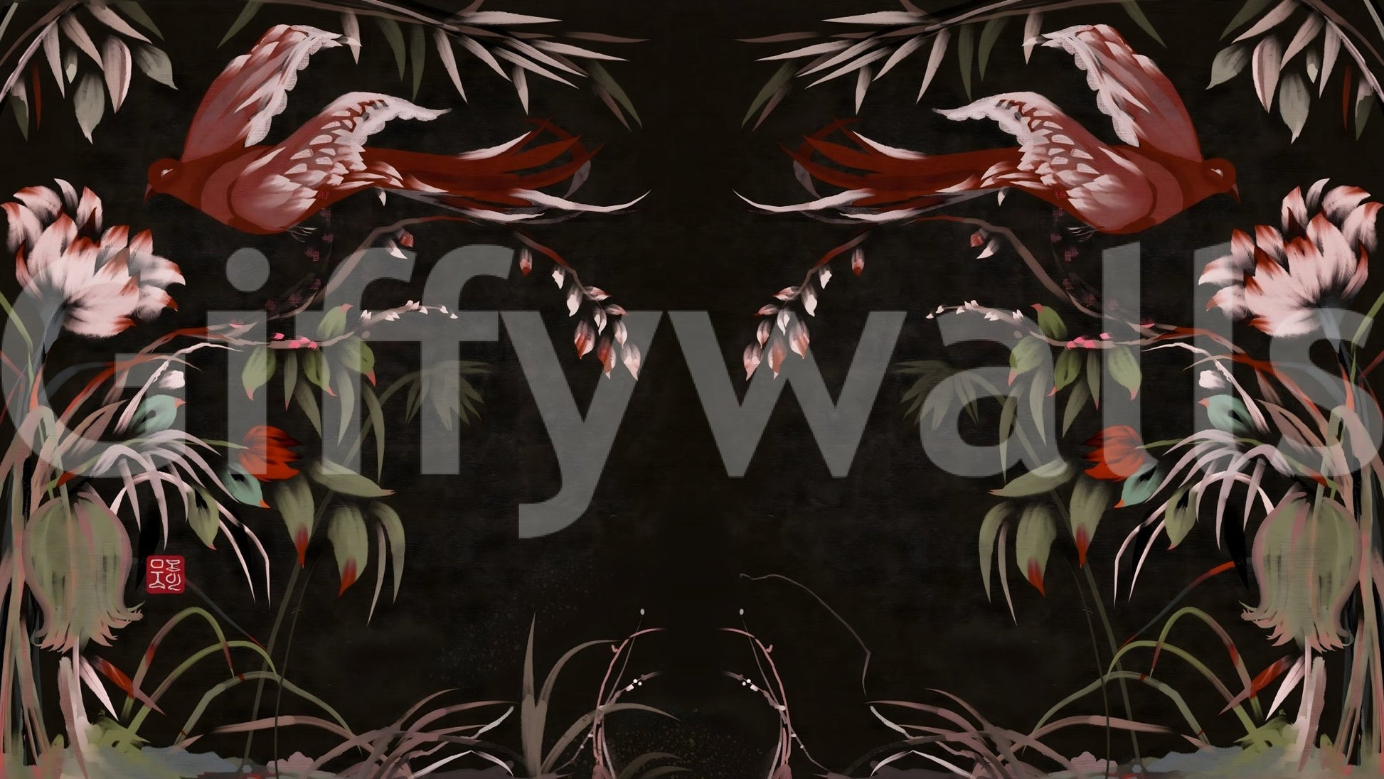 Corner view of the tranquil design of this unique floral wallpaper.