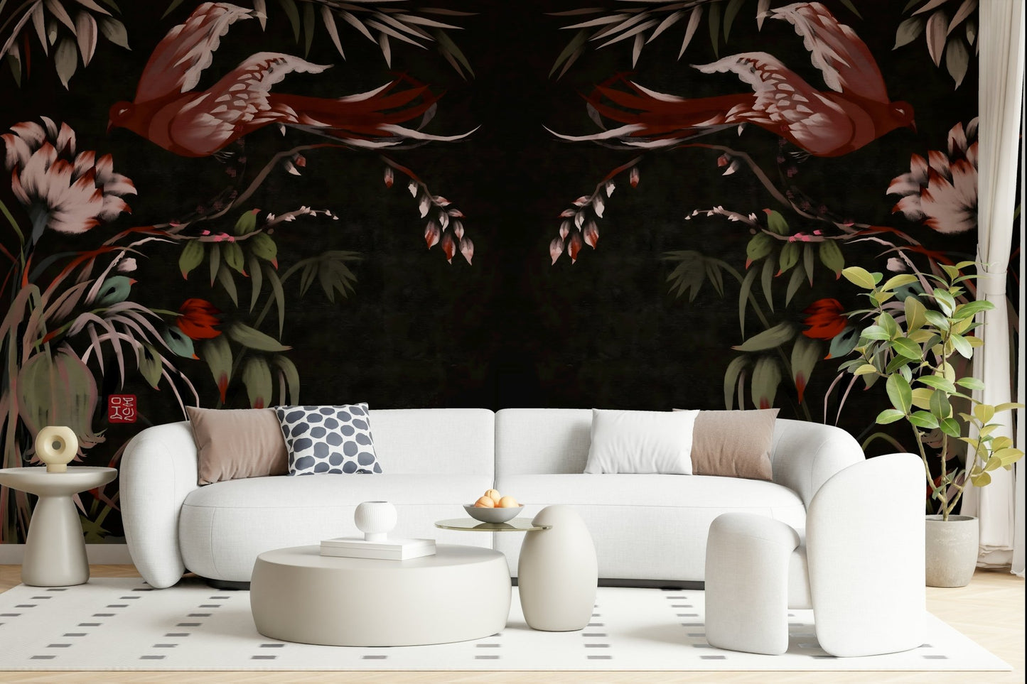 Hand-painted look complementing the Floral Flight Joseon Inspired wallpaper.