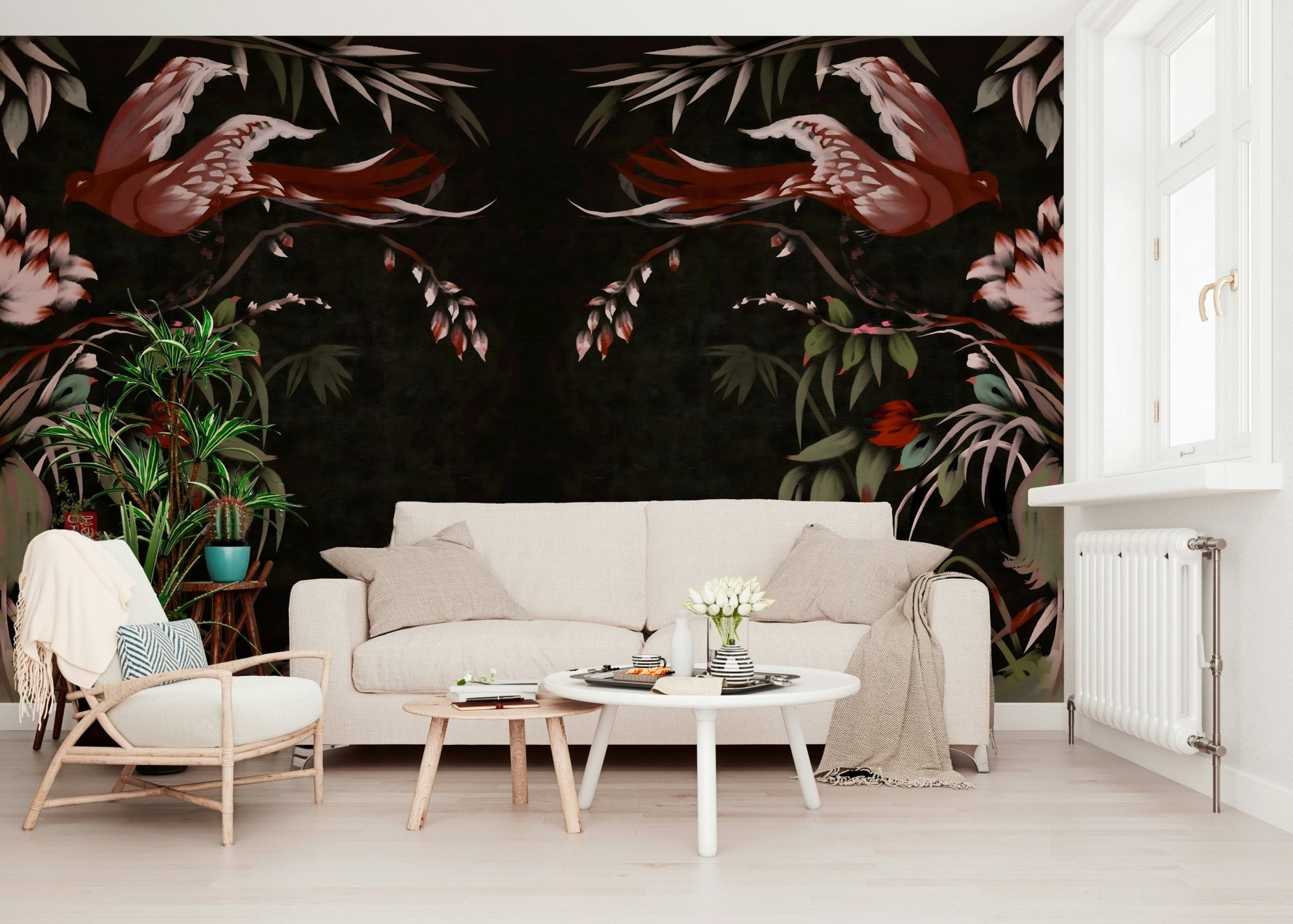 Floral Flight Joseon Inspired Wall Mural in a minimalist bedroom., GD6334
