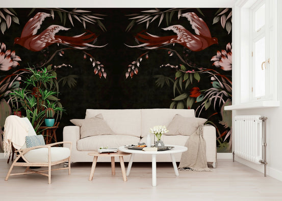 Floral Flight Joseon Inspired Wall Mural in a minimalist bedroom., GD6334