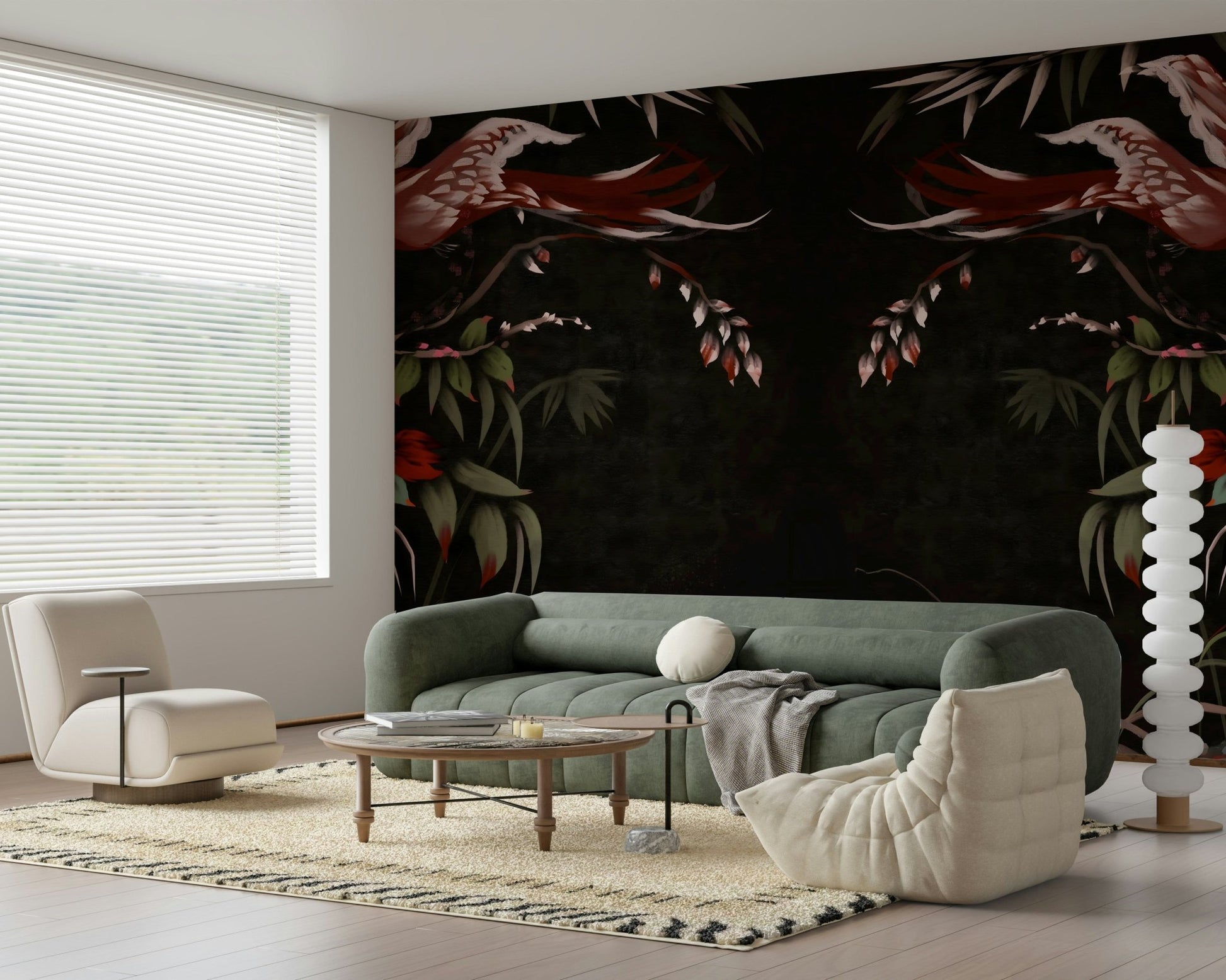 Traditional Korean art style wallpaper for walls behind an elegant console.