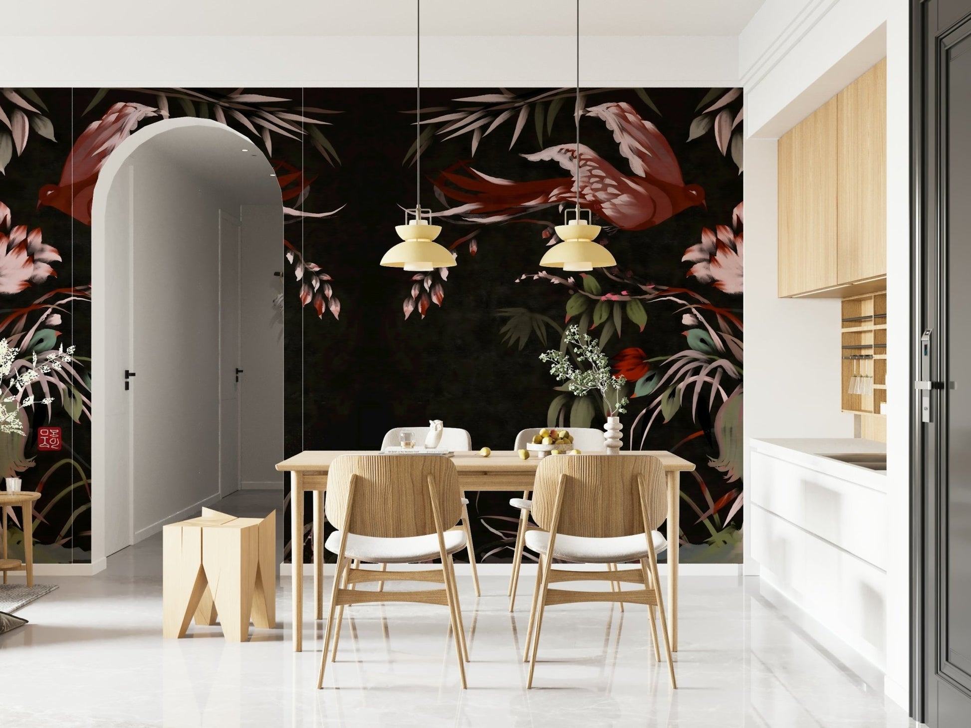 The delicate bird and flower pattern of the Floral Flight Wall Mural in a hallway.