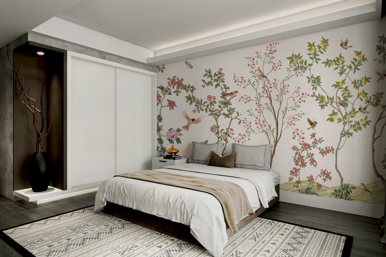 An elegant wall mural with a pattern of birds and flowers.

