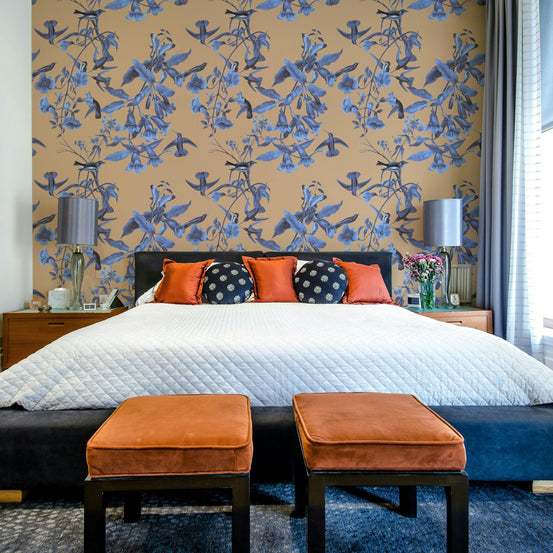 A beautiful floral pattern wallpaper mural with flying birds., GD5115