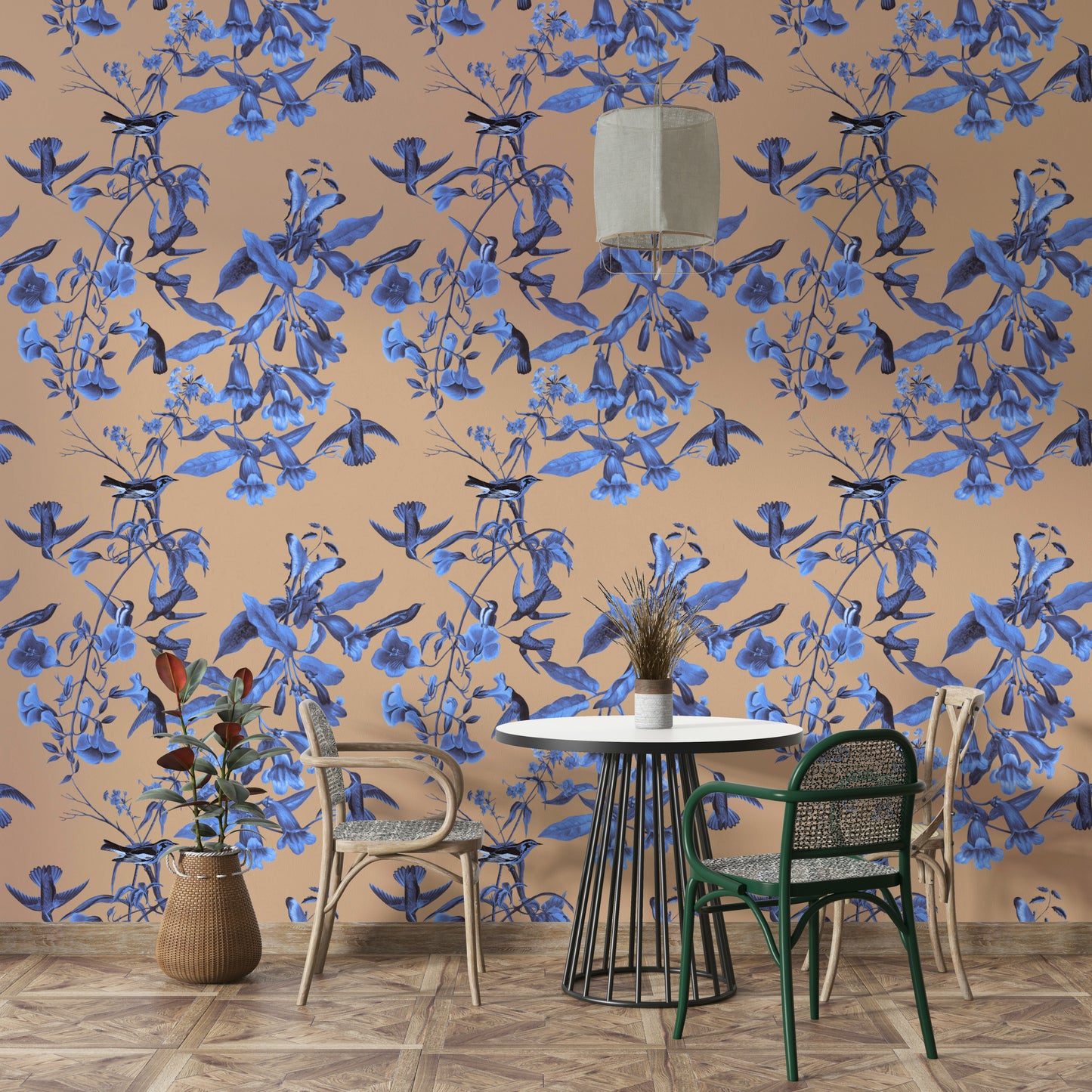 A classic floral wallpaper for walls with a bird theme.

