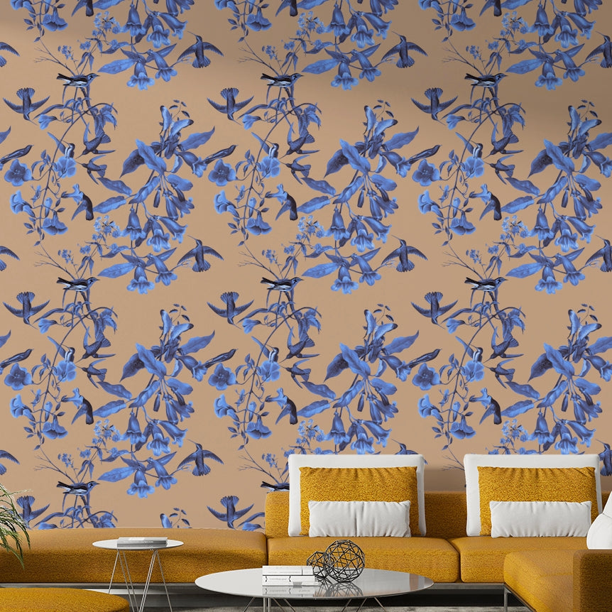 A peaceful botanical scene mural on decorative wallpaper.

