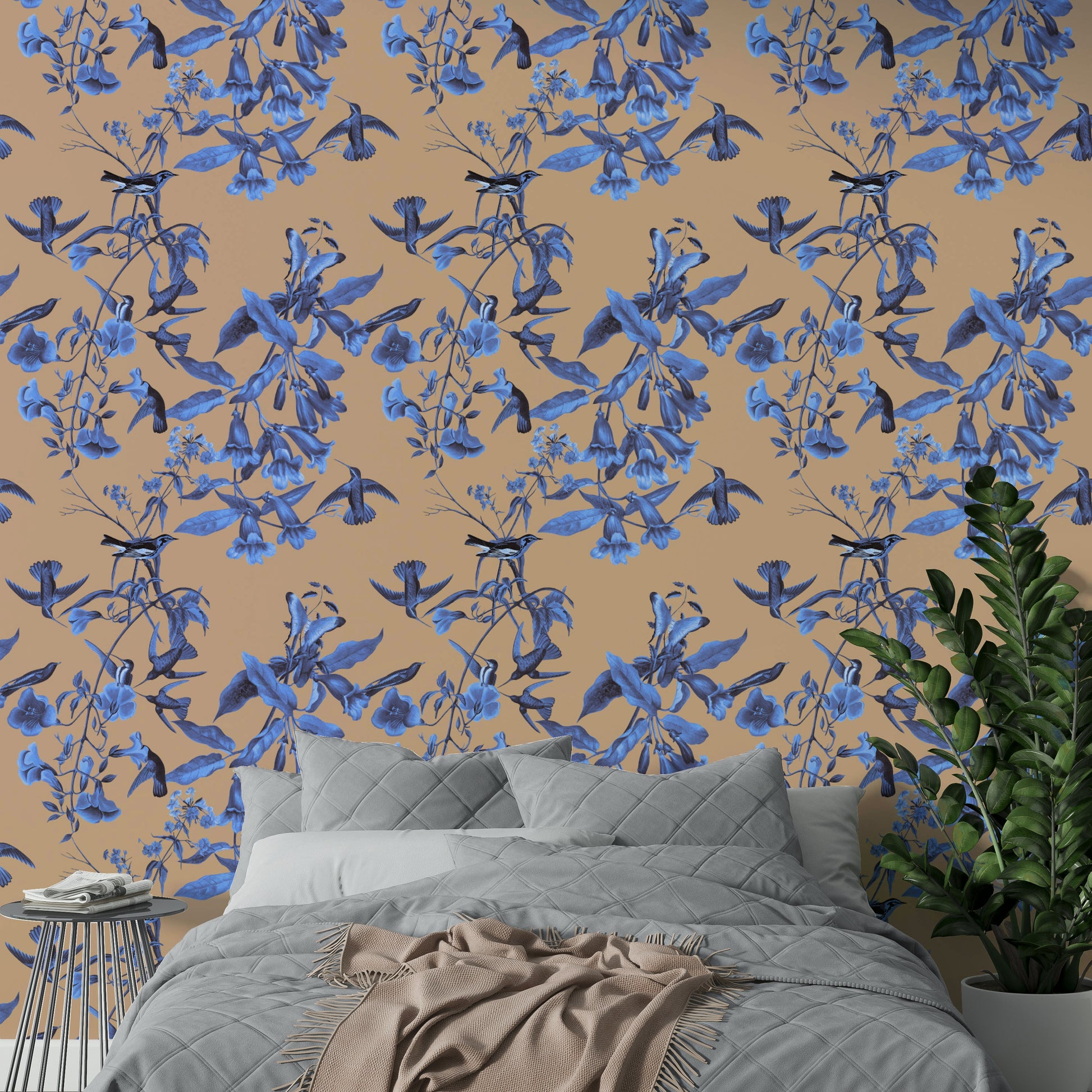 A graceful subtle bird wall mural in bright, natural tones.


