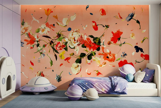 A beautiful subtle floral wallpaper mural with soft, watercolor washes of color., GD5733