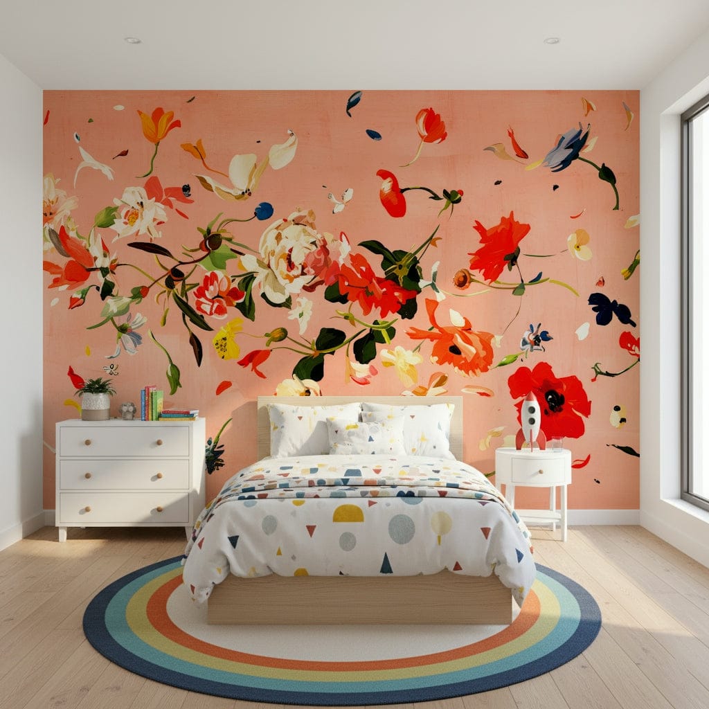 An artistic delicate bloom mural on minimalist wallpaper.