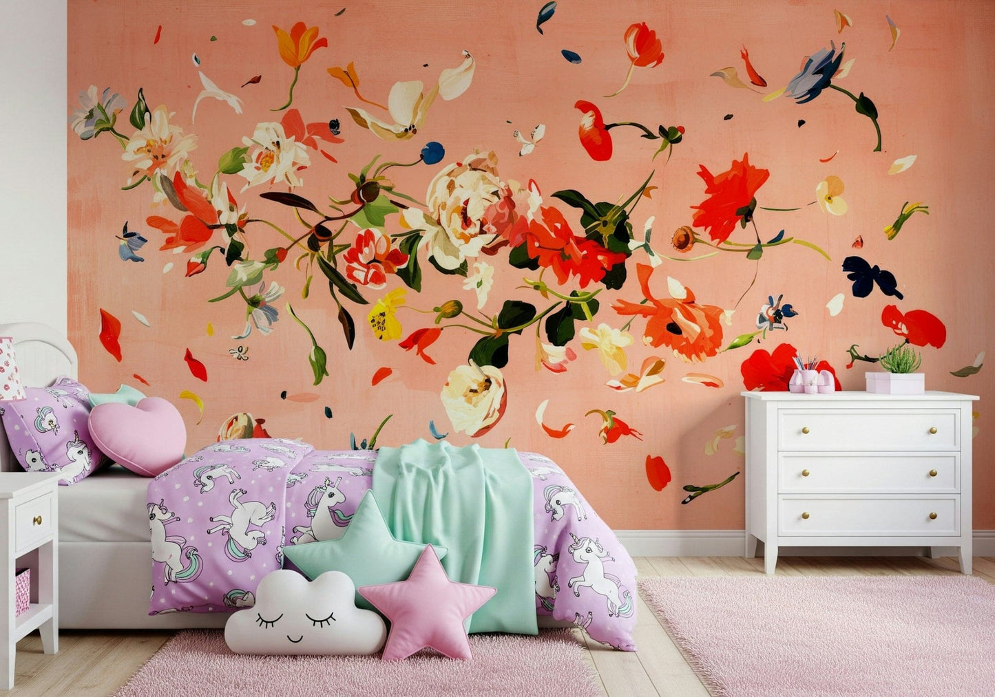 A beautiful modern art wall mural of delicate flowers.