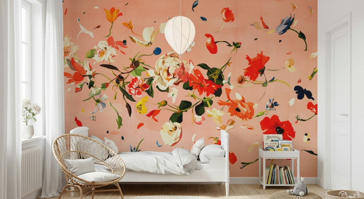 A graceful subtle flower wall mural in soft, gentle tones.