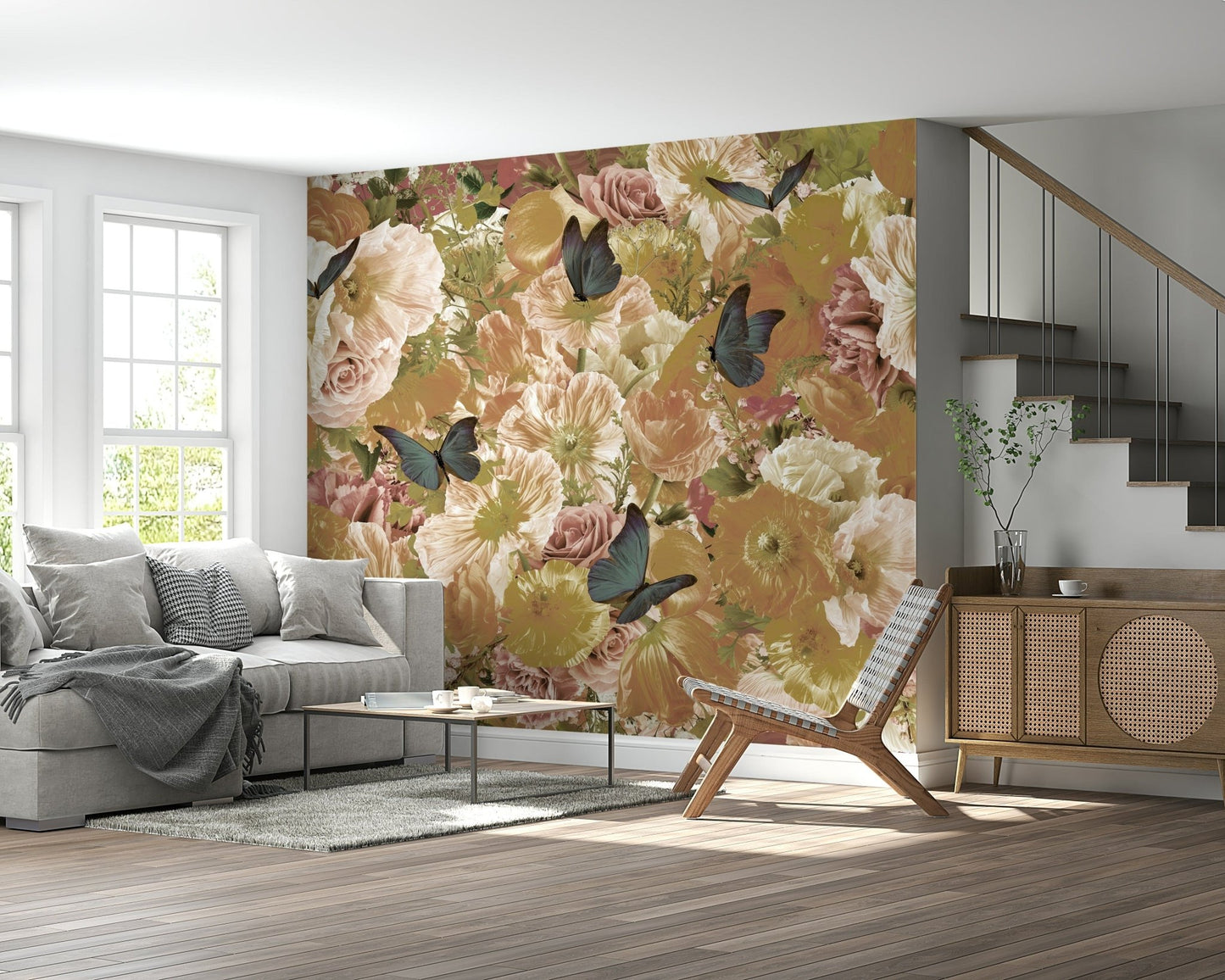 A peaceful flower design mural on decorative wallpaper.