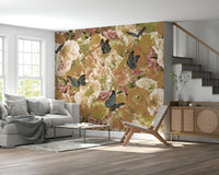 A peaceful flower design mural on decorative wallpaper.