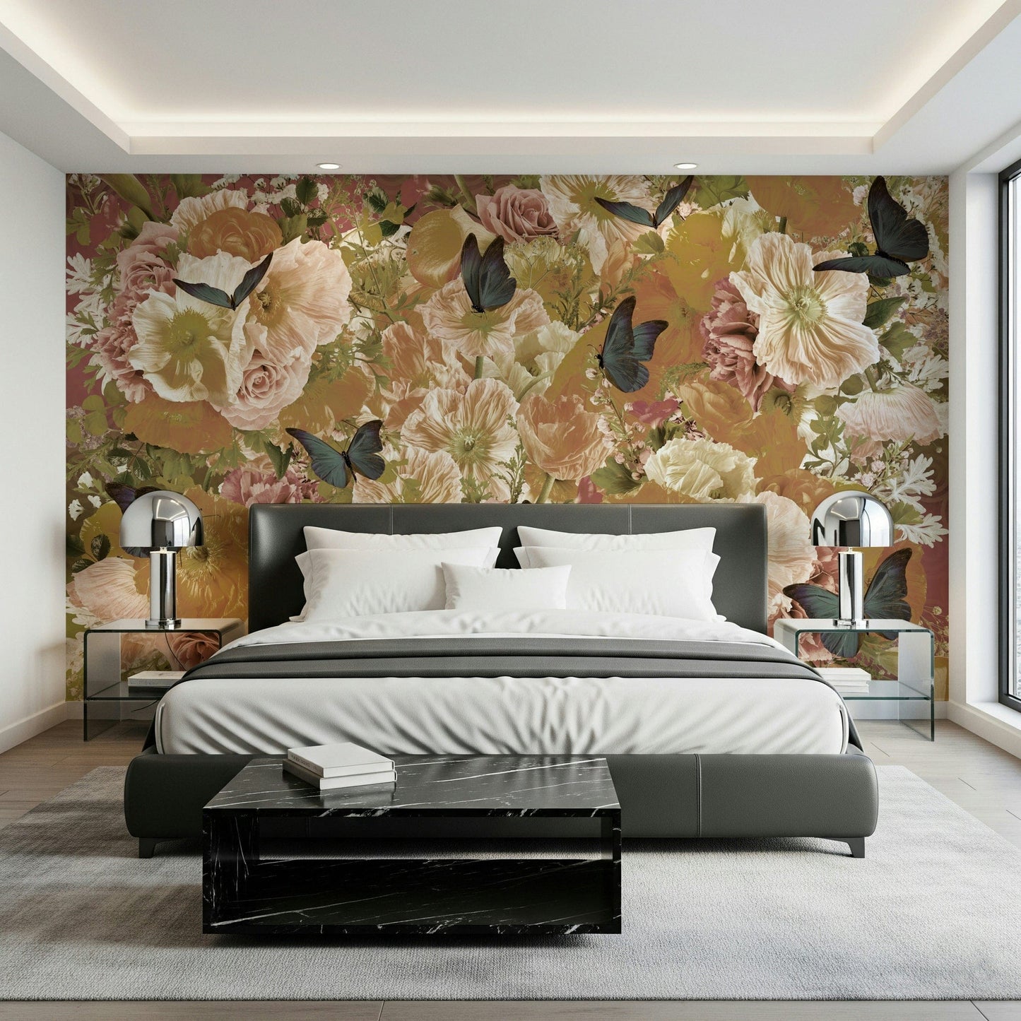 An artistic delicate bloom mural on minimalist wallpaper.