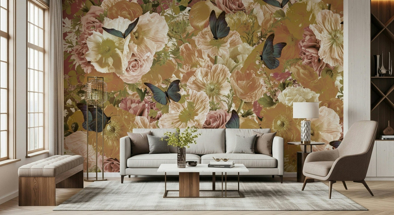 A beautiful subtle floral wallpaper mural with delicate fluttering flowers.