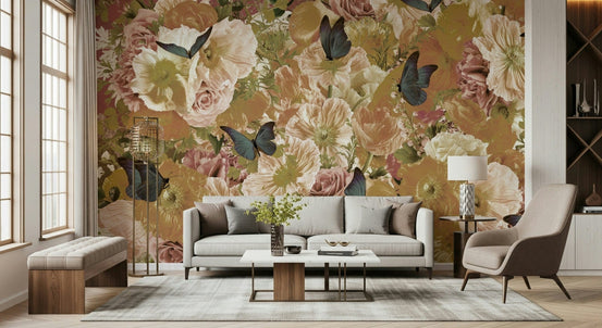 A beautiful subtle floral wallpaper mural with delicate fluttering flowers., GD5267