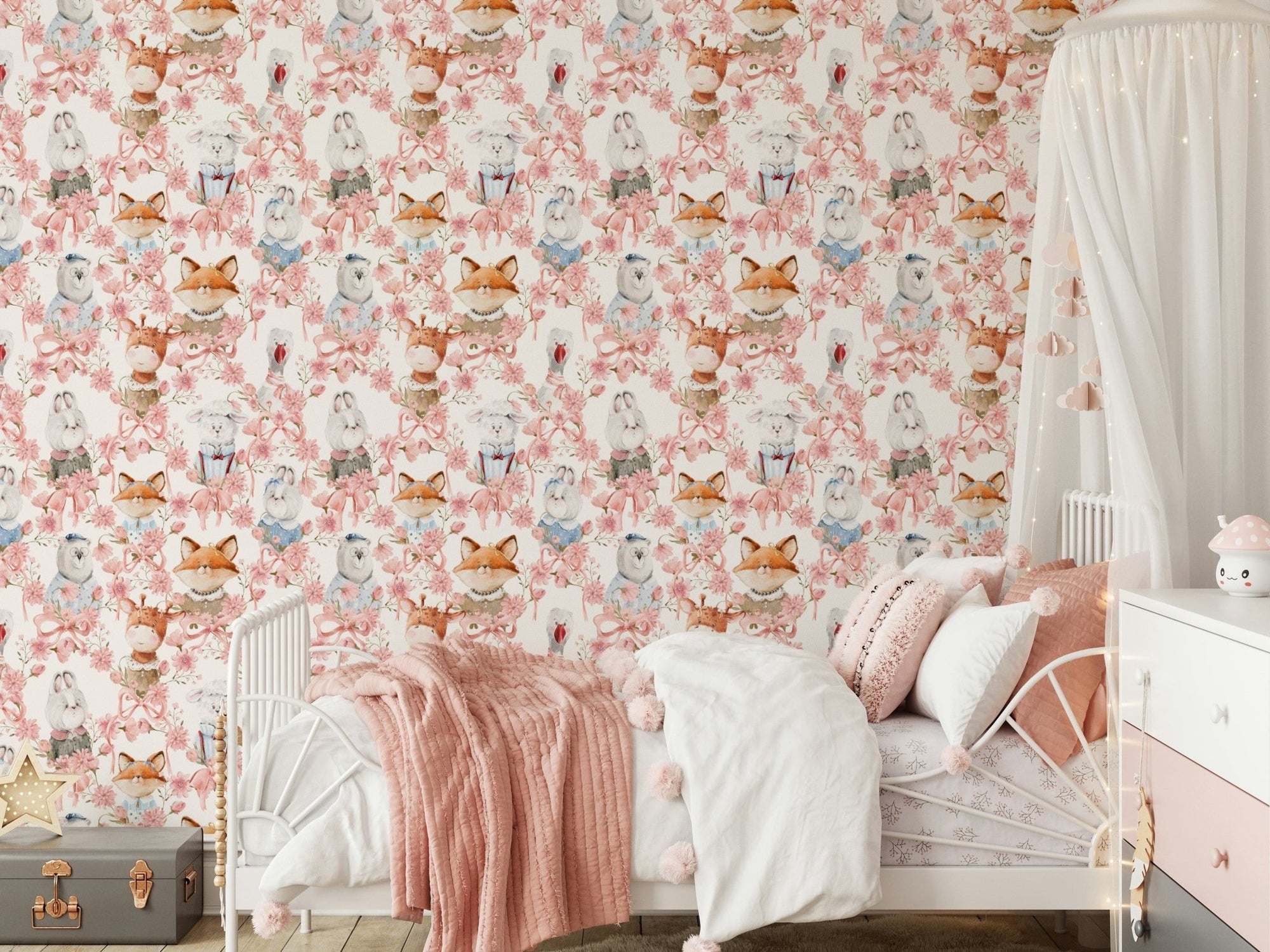 Floral Friends peel and stick wallpaper with hand-painted animal illustrations., GD7218