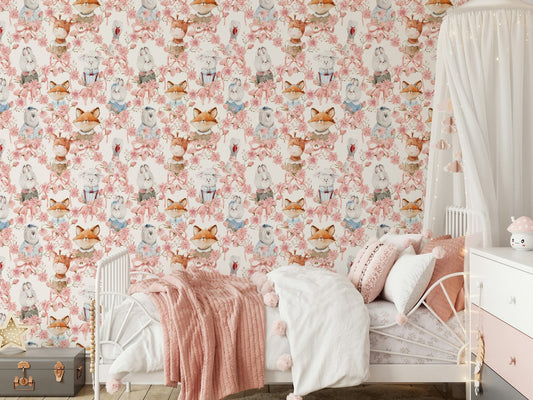 Floral Friends peel and stick wallpaper with hand-painted animal illustrations.